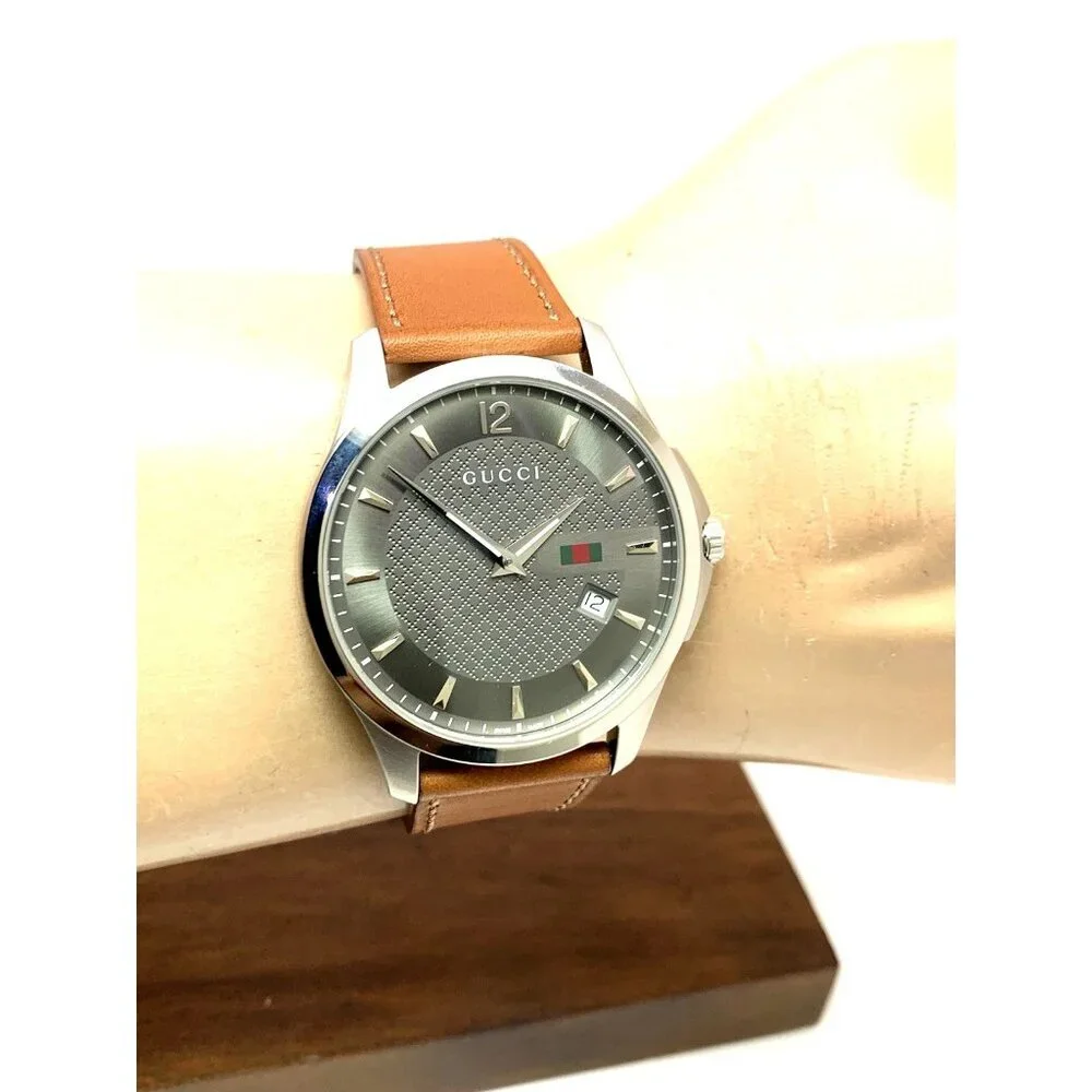 Gucci Men's Watch YA126302 G-Timeless Swiss Quartz Gray Dial Brown Leather 40mm